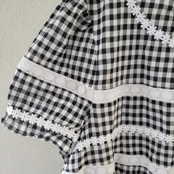 J Crew Gingham Check Daisy Lace Peplum Puff Sleeve Black White Top Size 2X - Picture 2 of 12